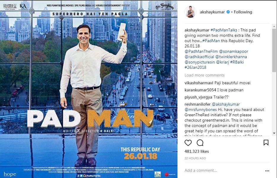 أكشاى كومار ينشر بوستر فيلم  Pad Man  (1)