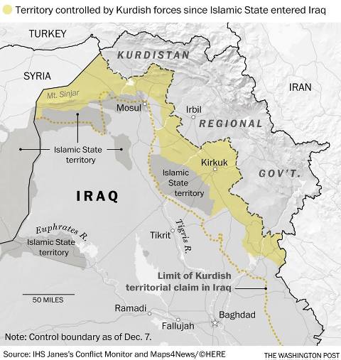خريطة لأماكن سيطرة الأكراد في العراق