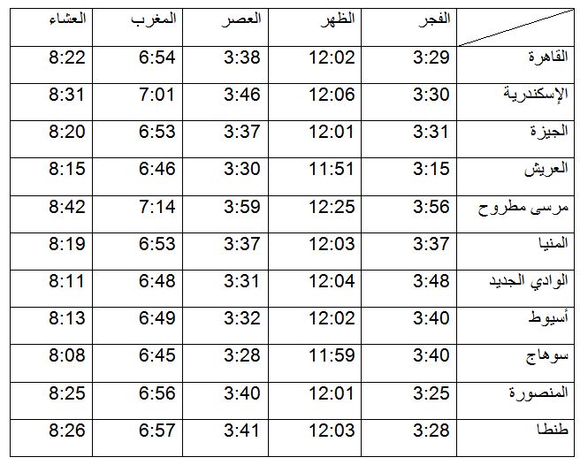 مواقيت الصلاة ليوم الاربعاء 26 يوليو