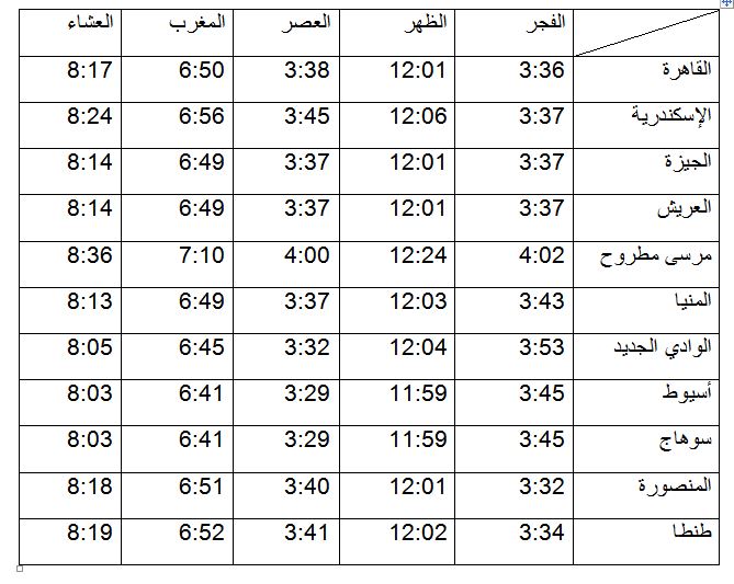 مواقيت الصلاة ليوم الأربعاء 2 اغسطس