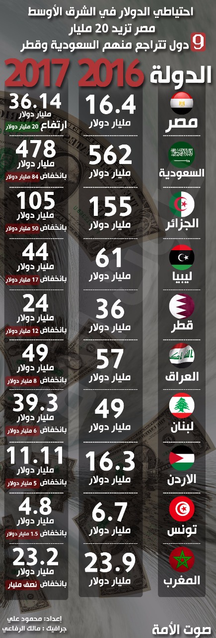 احتياطي الدولار في الشرق الأوسط.. مصر تتقدم و9 دول تتراجع منها السعودية وقطر (إنفوجراف)