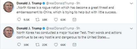 تغريدات ترامب وموقفه من القنبلة الهيدروجينية لكوريا الشمالية