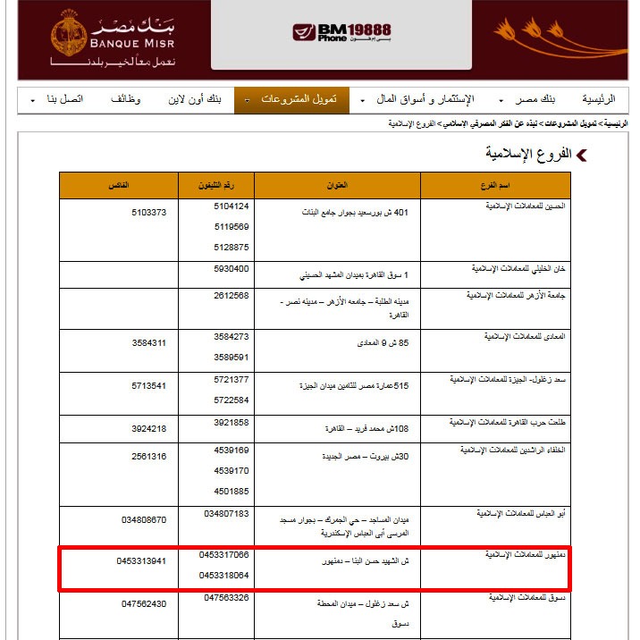 عنوان فرع بنك مصر في دمنهور من الموقع الرسمي للبنك