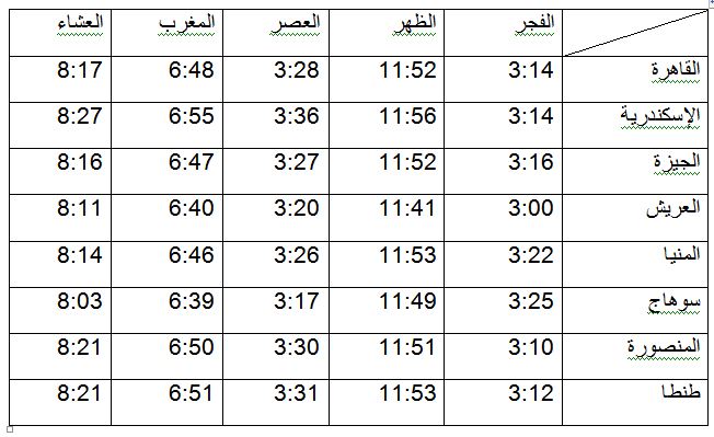 مواقيت الصلاة ليوم السبت 26 مايو