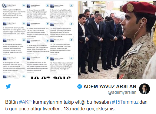 تويتة تفضح المنشورات المتداولة لإحدى الصفحات التابعة لأردوغان قبل الانقلاب بـ 5 أيام