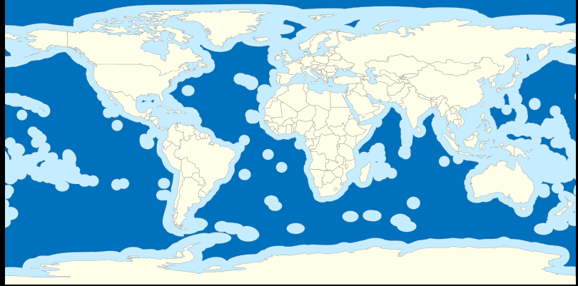 المياه الدولية التي هي خارج المنطقة الاقتصادية مبينة بالأزرق الداكن