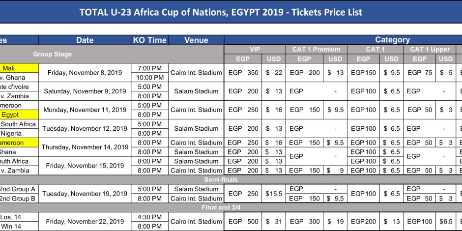ننشر أسعار تذاكر مباريات بطولة أمم إفريقيا تحت 23 سنة التي تستضيفها مصر  (صورة) 