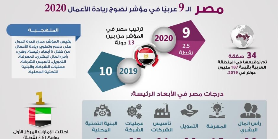 مصر تحتل المركز الـ9 عربيا فى مؤشر نضوج ريادة الأعمال 2020 (إنفوجرافيك)