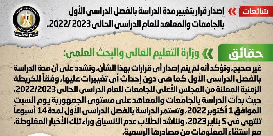 الحكومة تنفي تغيير مدة الدراسة بالفصل الدراسي الأول بالجامعات والمعاهد