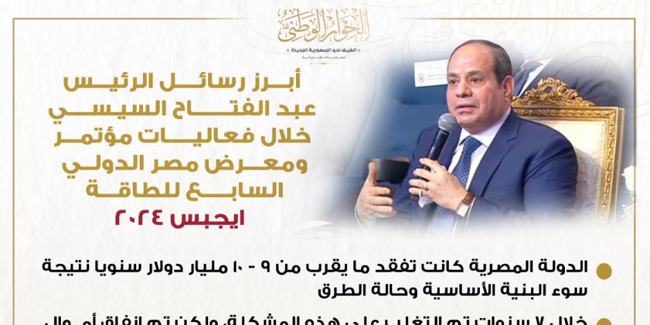 الحوار الوطنى: كلمة الرئيس خلال مؤتمر مصر الدولي السابع للطاقة جعلت إطلاق حوار اقتصادي ضرورة وأولوية قصوى للخروج باستراتيجية واضحة ومحددة المعالم