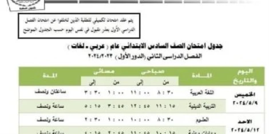 جدول امتحانات الصف السادس الابتدائى 2024 بالجيزة .. اعرف التفاصيل 