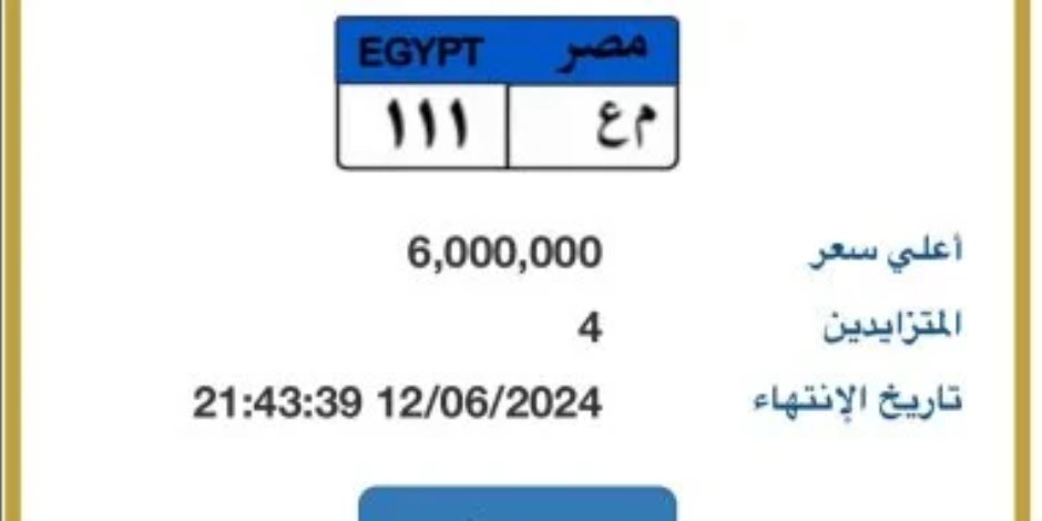 4 أشخاص يتنافسون على شرائها.. 6 ملايين جنيه قيمة لوحة "م ع - 111" 