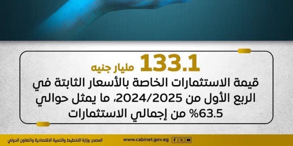 133.1 مليار جنيه استثمارات خاصة بالأسعار الثابتة للربع الأول من 2024-2025.. «التخطيط»: 14.5 مليار تمويلات ميسرة للقطاع الخاص خلال 4 سنوات