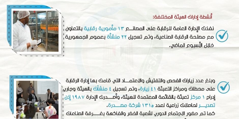 سلامة الغذاء: 270 ألف طن صادرات غذائية وأمريكا والسودان أكبر الأسواق المستقبلة سلامة الغذاء: 270 ألف طن صادرات غذائية وأمريكا والسودان أكبر الأسواق المستقبلة