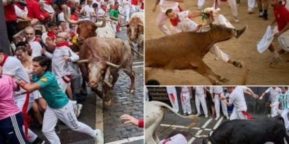 مهرجان الرعب يبدأ فى إسبانيا .. نقل 6 من متسابقي الثيران في بامبلونا إلى المستشفى فى أول جولة .. صور