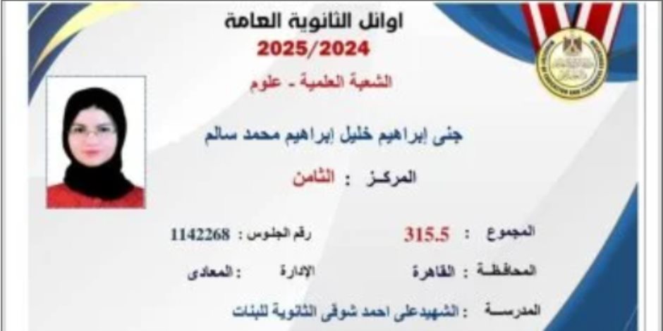 أوائل الثانوية العامة 2025.. جنى إبراهيم الثامنة علمى علوم: أحلم بطب قصر العينى أوائل الثانوية العامة 2025.. جنى إبراهيم الثامنة علمى علوم: أحلم بطب قصر العينى