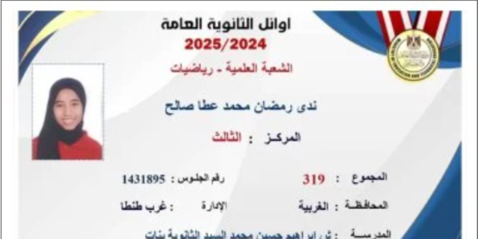 أوائل الثانوية العامة 2025.. الثالثة على علمى رياضيات: دعم أسرتى سر تفوقى أوائل الثانوية العامة 2025.. الثالثة على علمى رياضيات: دعم أسرتى سر تفوقى