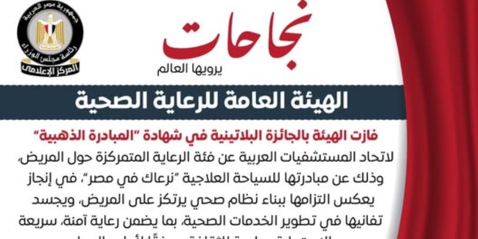 الهيئة العامة للرعاية الصحية تفوز بالجائزة البلاتينية ضمن شهادة "المبادرة الذهبية" لاتحاد المستشفيات العربية