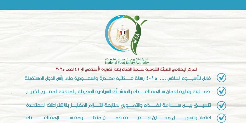 المركز الإعلامي للهيئة القومية لسلامة الغذاء يصدر تقريره الأسبوعي الـ 41