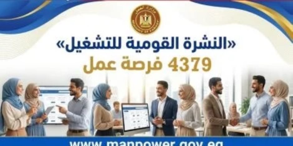 وزارة العمل: 4379 فرصة عمل جديدة فى 12 محافظة ضمن نشرة التوظيف