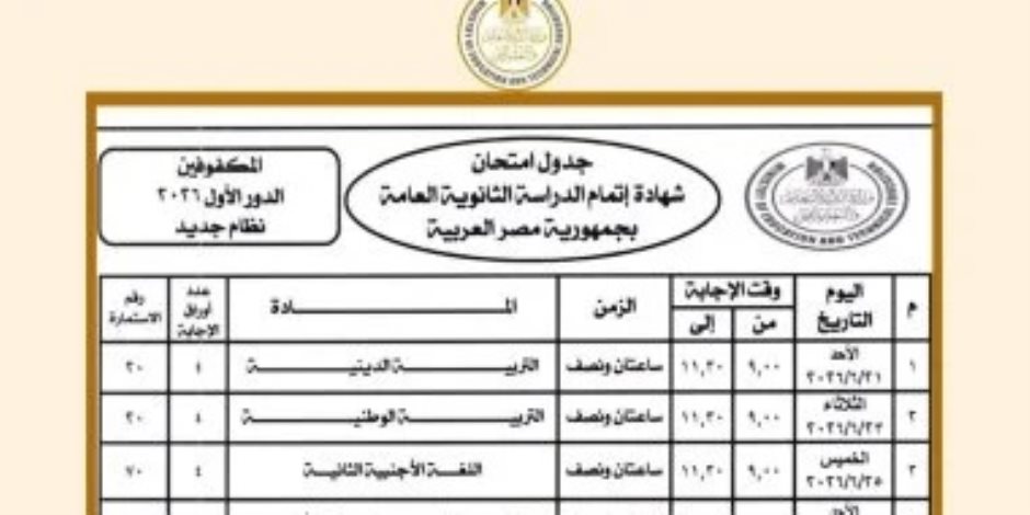 ننشر جدول امتحانات الثانوية العامة 2026 للطلبة المكفوفين