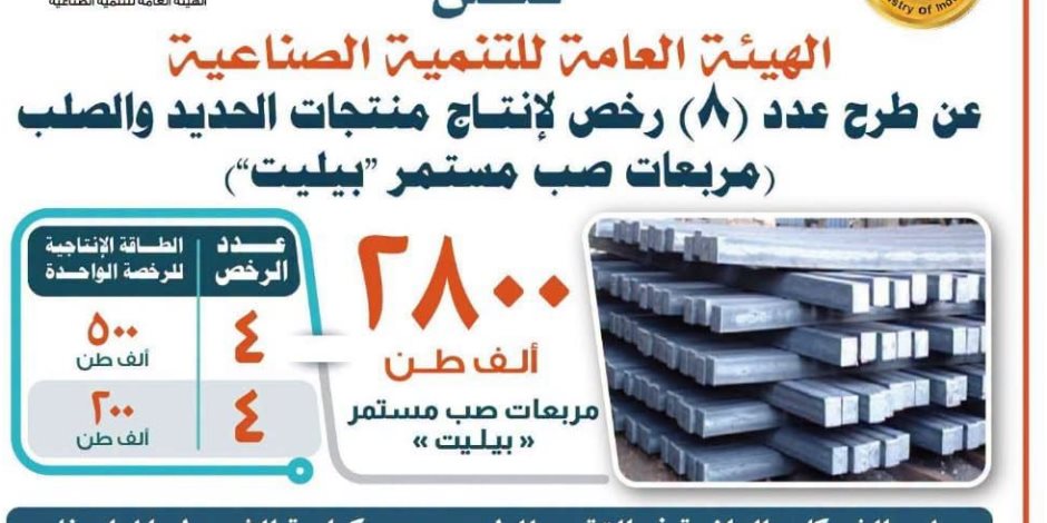 هيئة التنمية الصناعية تطرح 8 رخص جديدة لإنتاج مربعات الصب المستمر "بيليت" بطاقة إجمالية 2.8 مليون طن سنويًا