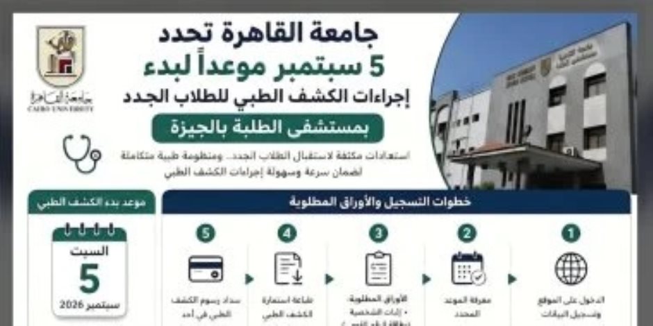 جامعة القاهرة: 5 سبتمبر بدء إجراءات الكشف الطبى للطلاب الجدد بمستشفى الطلبة