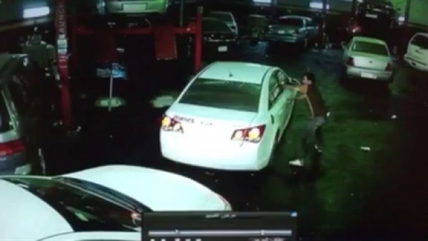 بالفيديو..رجل يفاجئ اللص الذي سرق سيارته داخل ورشة  