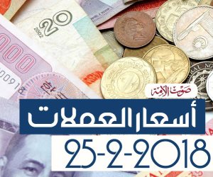 أسعار العملات اليوم الأحد 25-2-2018 في مصر بالبنوك