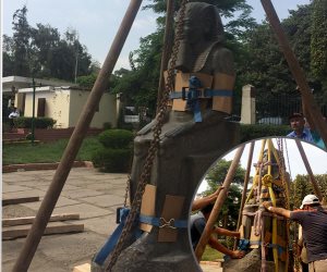 يعرضان بحديقة المسلة منذ 58 عاما.. نقل تمثالى رمسيس الثانى وحورس للمتحف الكبير