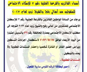 ننشر أسماء الفائزين بقرعة شقق الإسكان الاجتماعي بالسبيل للمنقولين من الشيخ زويد ورفح بالعريش (صور)