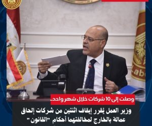 وزير العمل يُقرر إيقاف اثنتين من شركات إلحاق عمالة بالخارج لمخالفتهما أحكام "القانون"