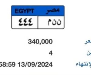 يصل سعرها بالمزاد إلى 340 الف جنيه.. "ن ن م- 444" أحدث لوحة سيارات مميزة 