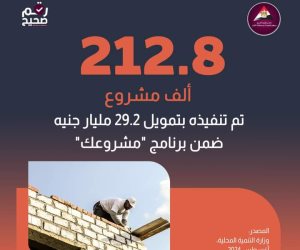 212.8 ألف مشروع تم تنفيذه ضمن «مشروعك» بتمويل 29.2 مليار جنيه.. و5 محافظات تصدرت قائمة المستفيدين