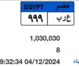 مزاد مستمر لوحة سيارة "ع ر ب- 999" المميزة سعرها يتجاوز مليون جنيه