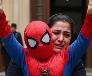 وصول الطفل ياسين مع والدته إلى محكمة جنايات دمنهور مرتديا قناع سبايدر مان
