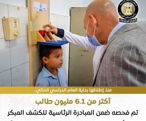 فحص أكثر من 6.1 مليون طالب للكشف المبكر عن الأنيميا والسمنة والتقزم بالمدارس الابتدائية