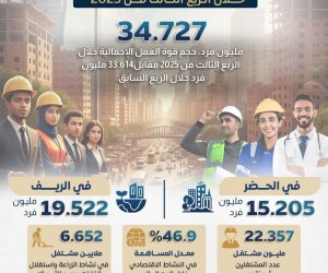34.727 مليون فرد إجمالي القوى العاملة بالربع الثالث لـ2025.. نسبة العاملين بالقطاع غير الرسمي تتجاوز 67%